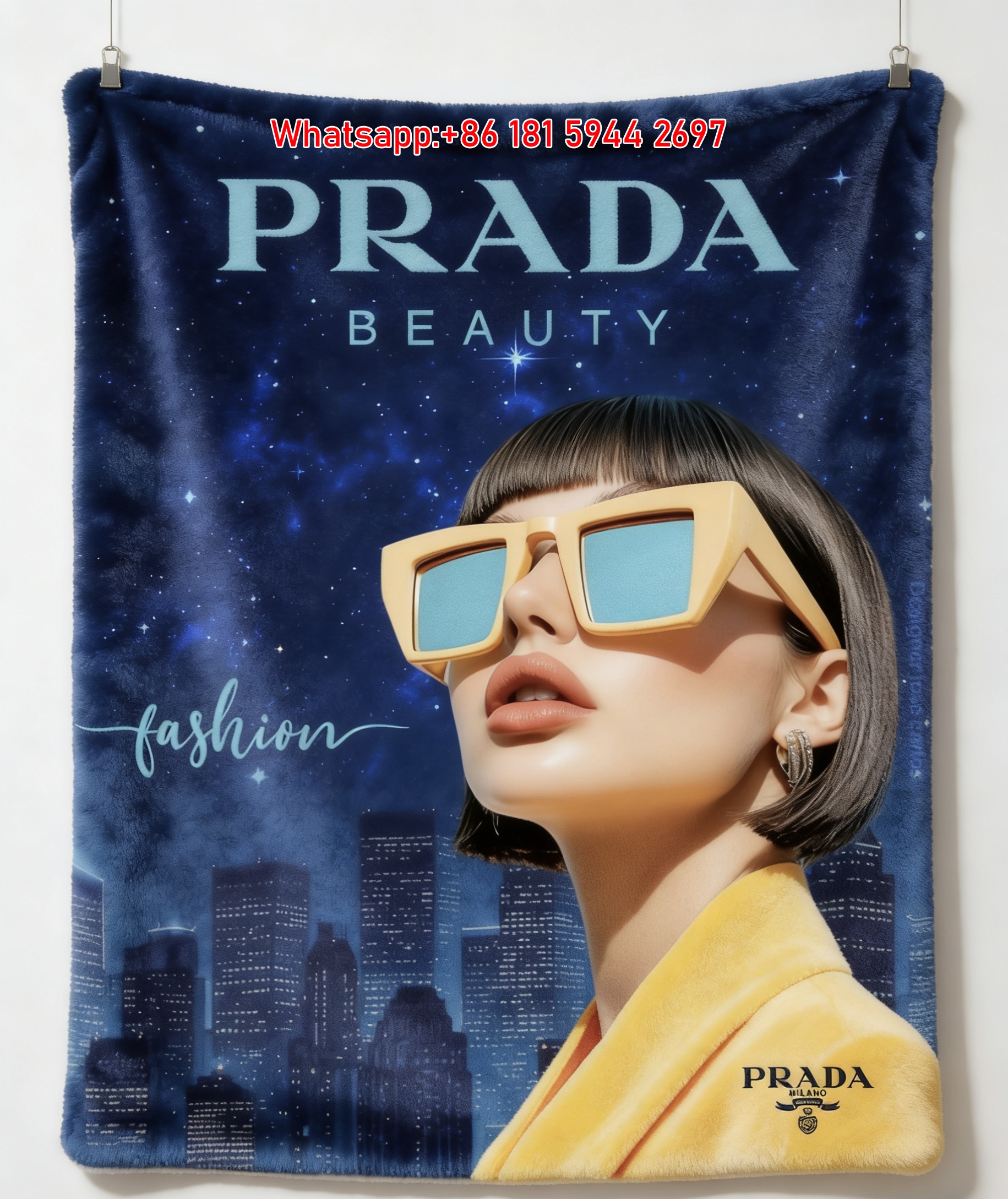 Prada Beauty Fashion Print Flannel Throw Blanket Vibrant Yellow Blue Dark Blue Luxury Sofa Cover Blanket IMG_2826